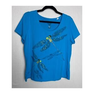 Chico's Women's Short Sleeve Scoop Neck Blue Dragonfly Tee T-Shirt Size Large